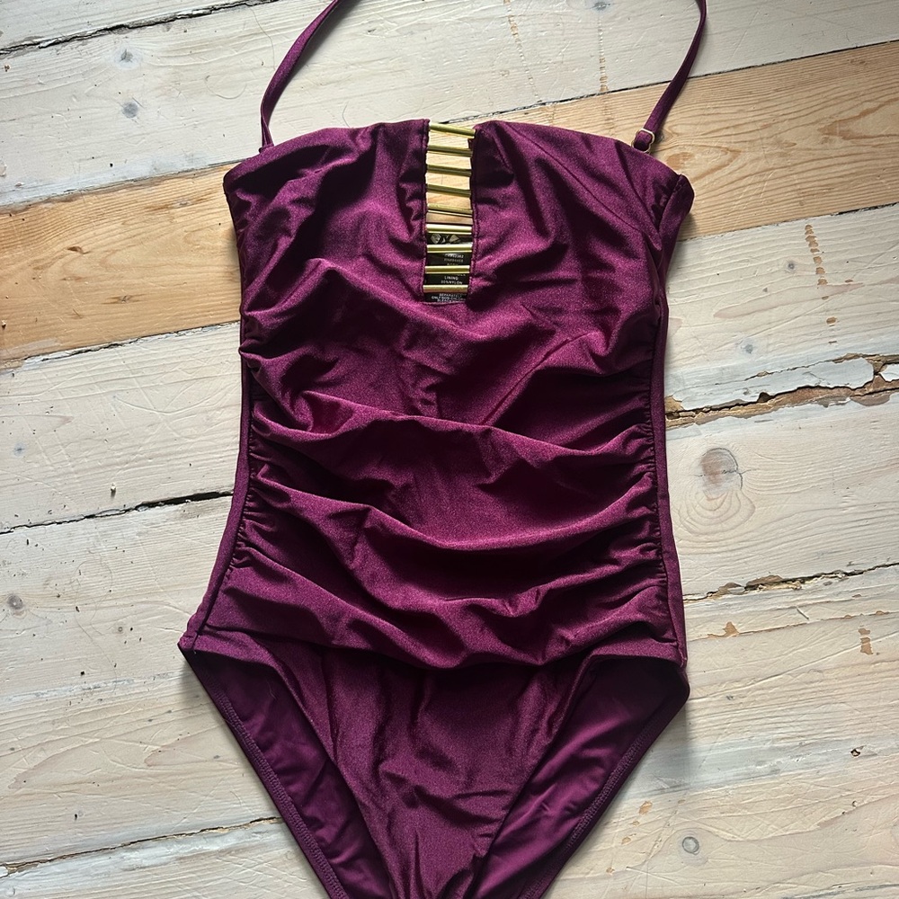 Tahari Plum One-Piece Swimsuit with Gold Accent Hardware Glam Luxe Mob Wife